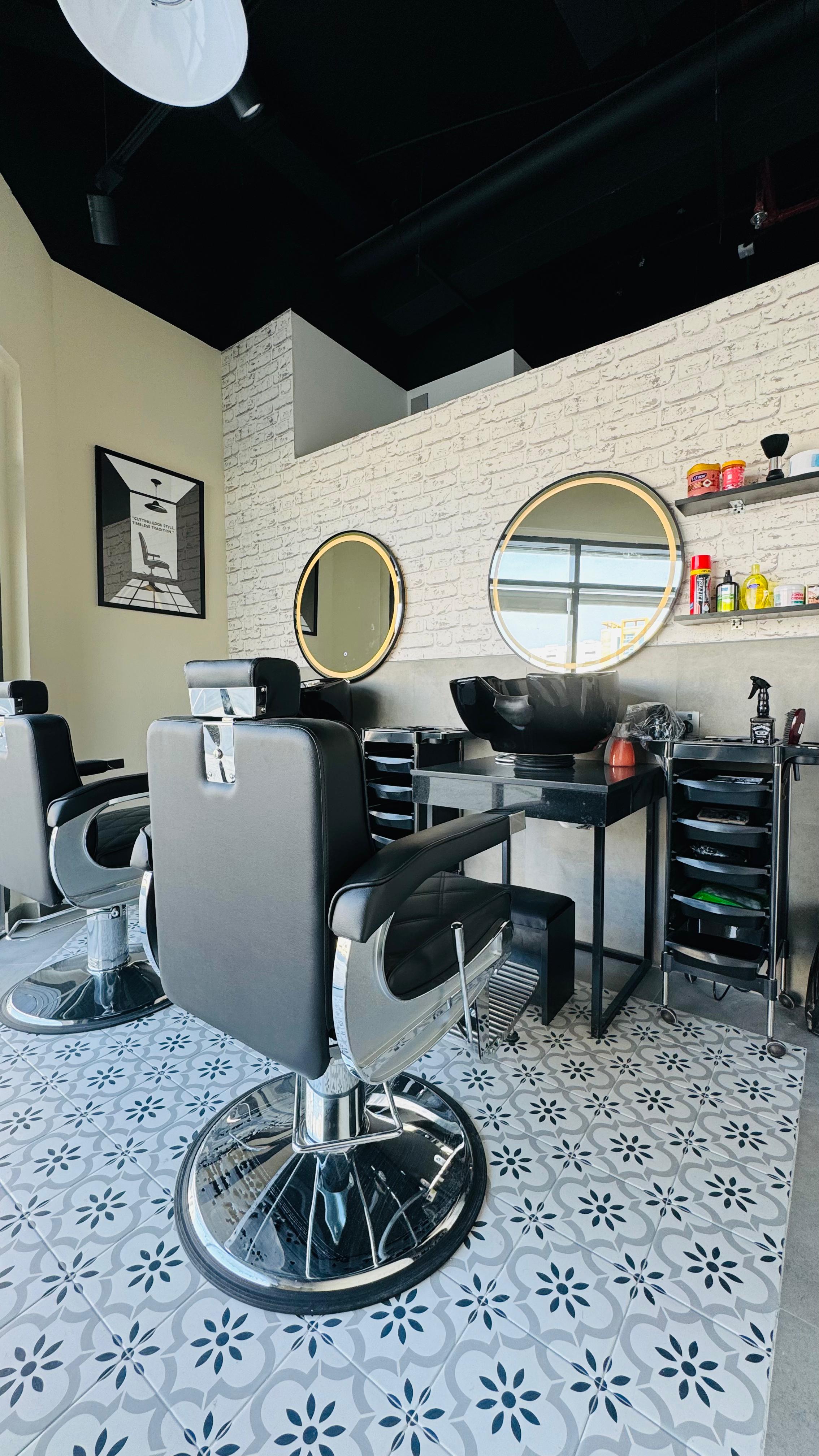 Barber chair on patterned floor tiles